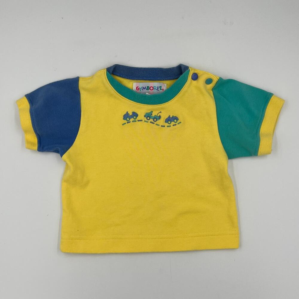 VTG 1990's Gymboree Yellow Blue Colorblock Embroidered Cars Shirt Newborn 3-6 mo